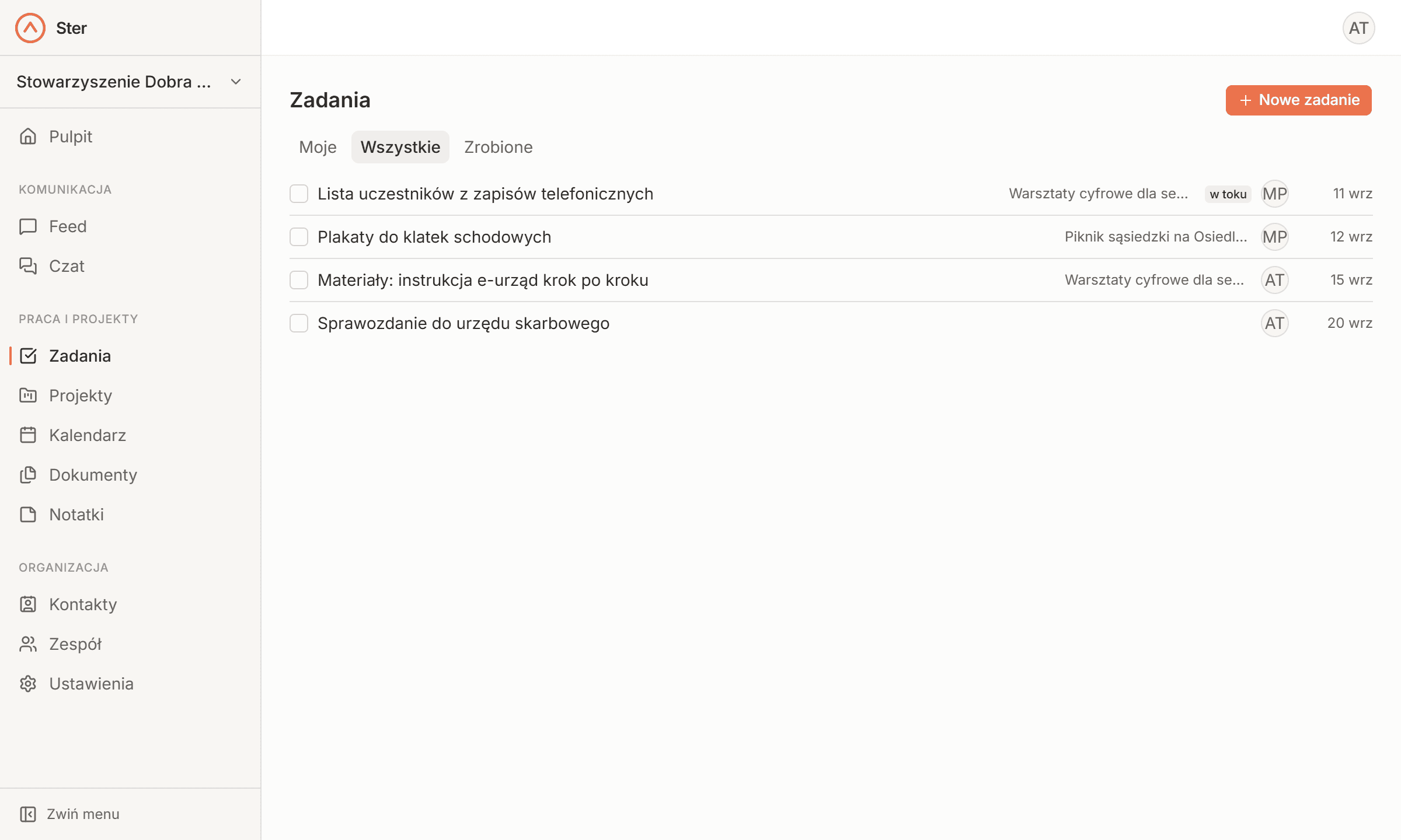 Lista zadań w Sterze z osobą, projektem i terminem